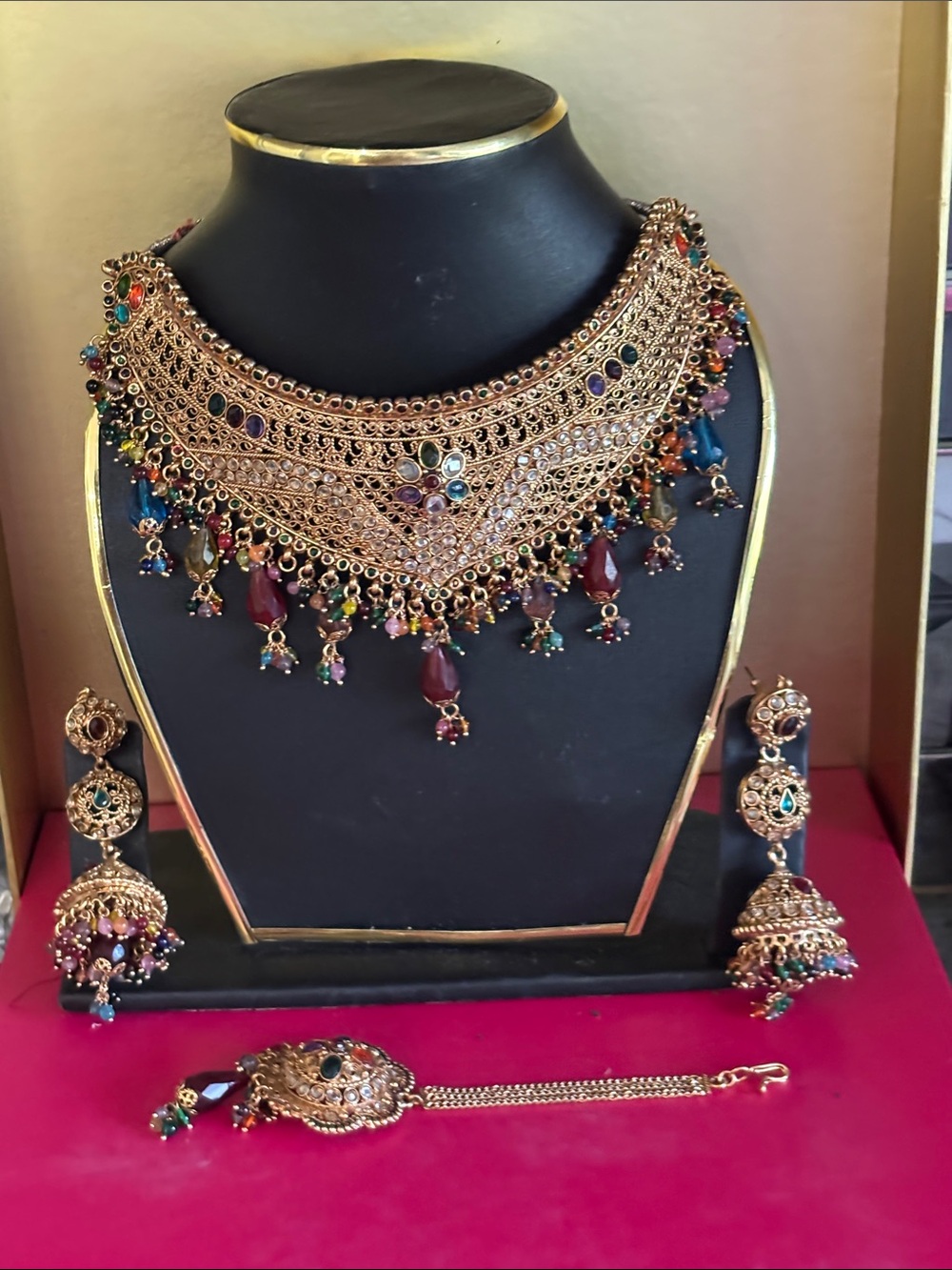 Multicolor Gold-Tone Bridal Necklace Set with Earrings and Maang Tikka